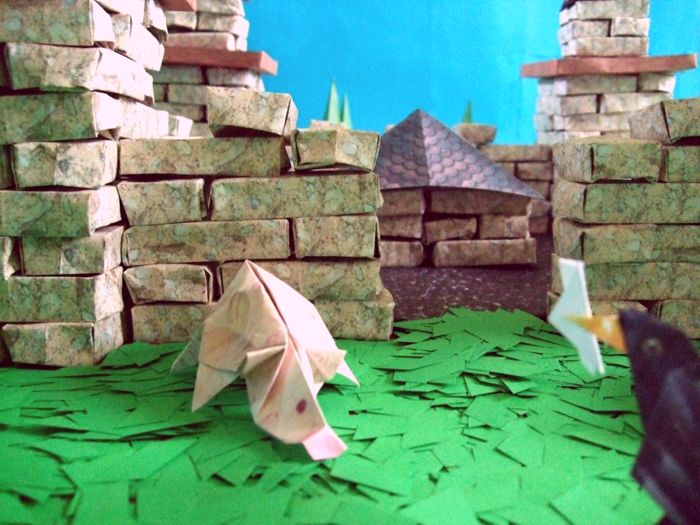 front view of an origami castle