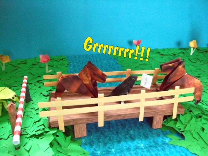 scary origami dogs on a kirigami bridge