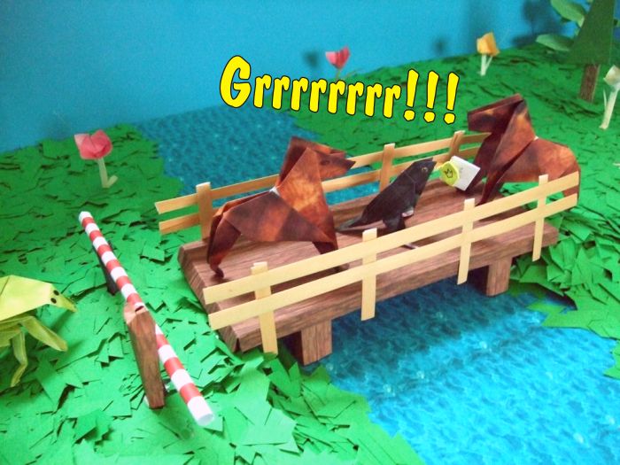 big origami dogs on a kirigami bridge