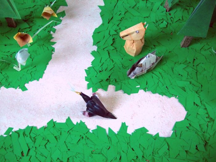 top view of an origami forest