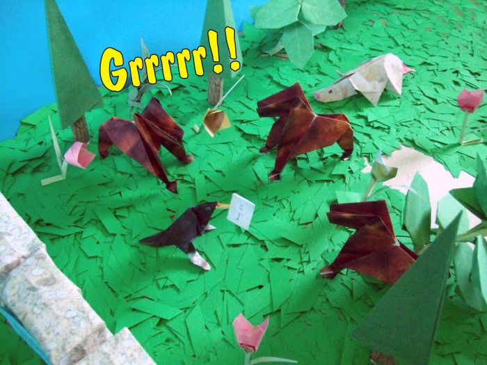 scary dogs and a little bird in an origami forest