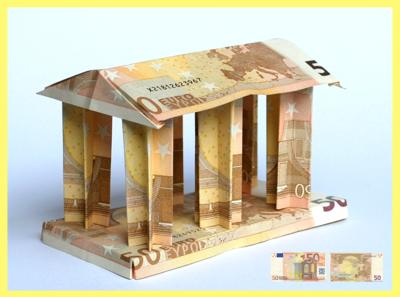money folded origami greek building