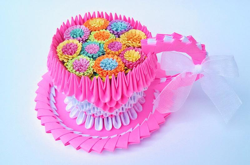 3d Origami tea cup with paper flowers