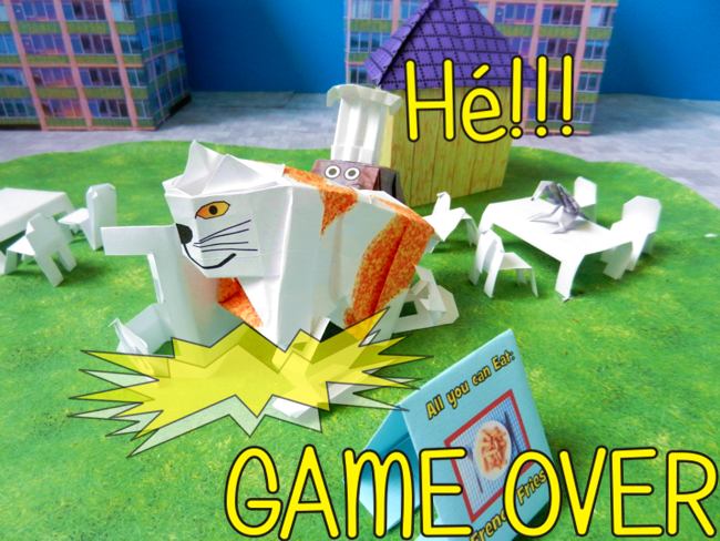 origami cat demolishing chairs and tables