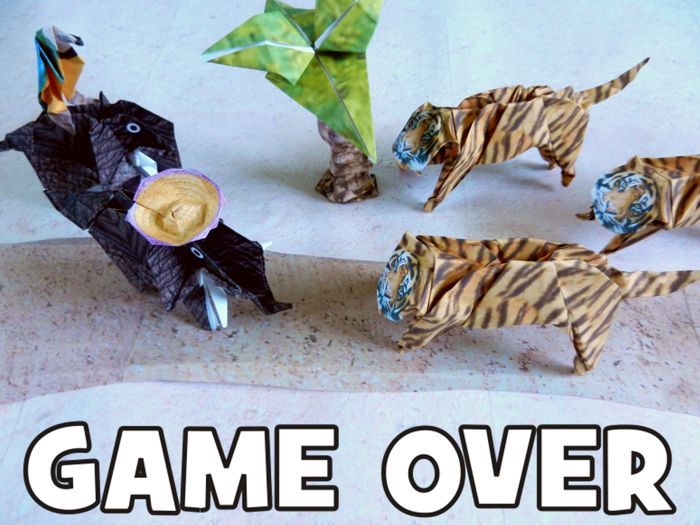 paper elephants being robbed by a gang of origami tigers