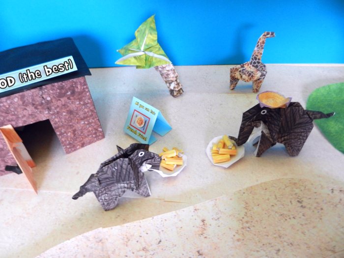 origami elephants eating some french fries