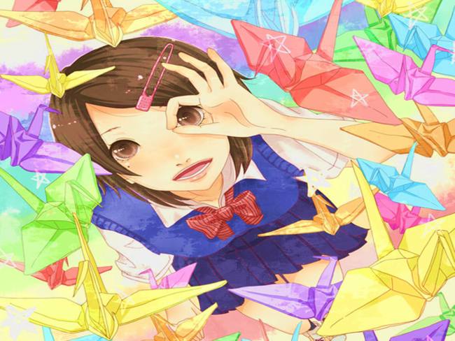 jigsaw puzzle of an anime girl and origami cranes