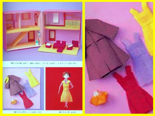 Poppetje met origami jurken in een poppenhuis