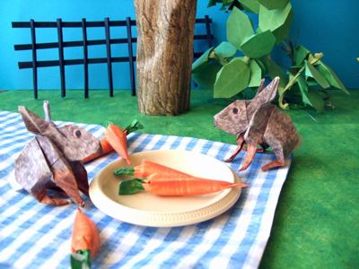 jigsaw puzzle with origami carrot eating rabbits