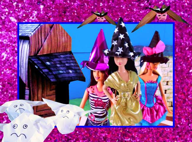 Barbie witches with origami witch hats